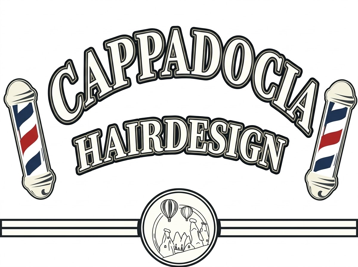 Cappadocia Hairdesign Logo – Barbershop-Emblem mit Barberpoles und Kappadokien-Ballons